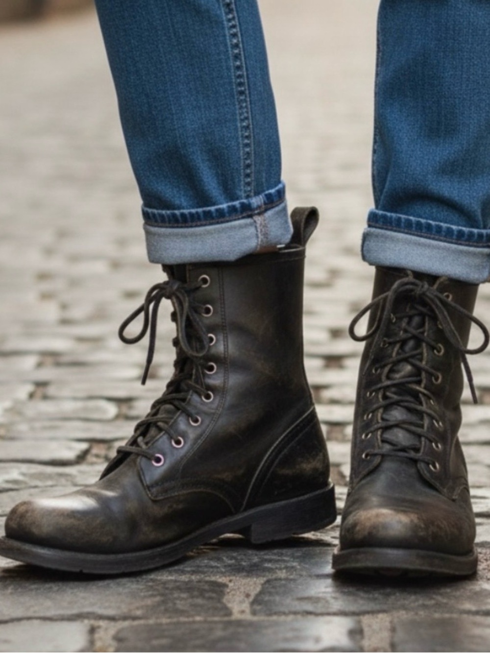 Frye Womens Veronica Black Distressed Laced Combat Boots